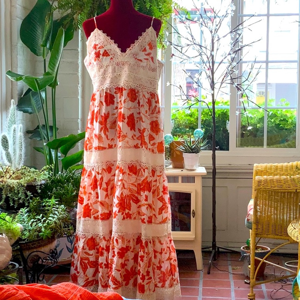 Floral Lace-Trim Maxi Dress - Orange/White